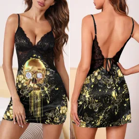 Gold Skull Butterfly Flower Women's Back Lace Babydolls Nightgowns