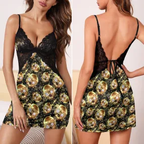 Gold Skull Butterfly Pattern Women's Back Lace Babydolls Nightgowns