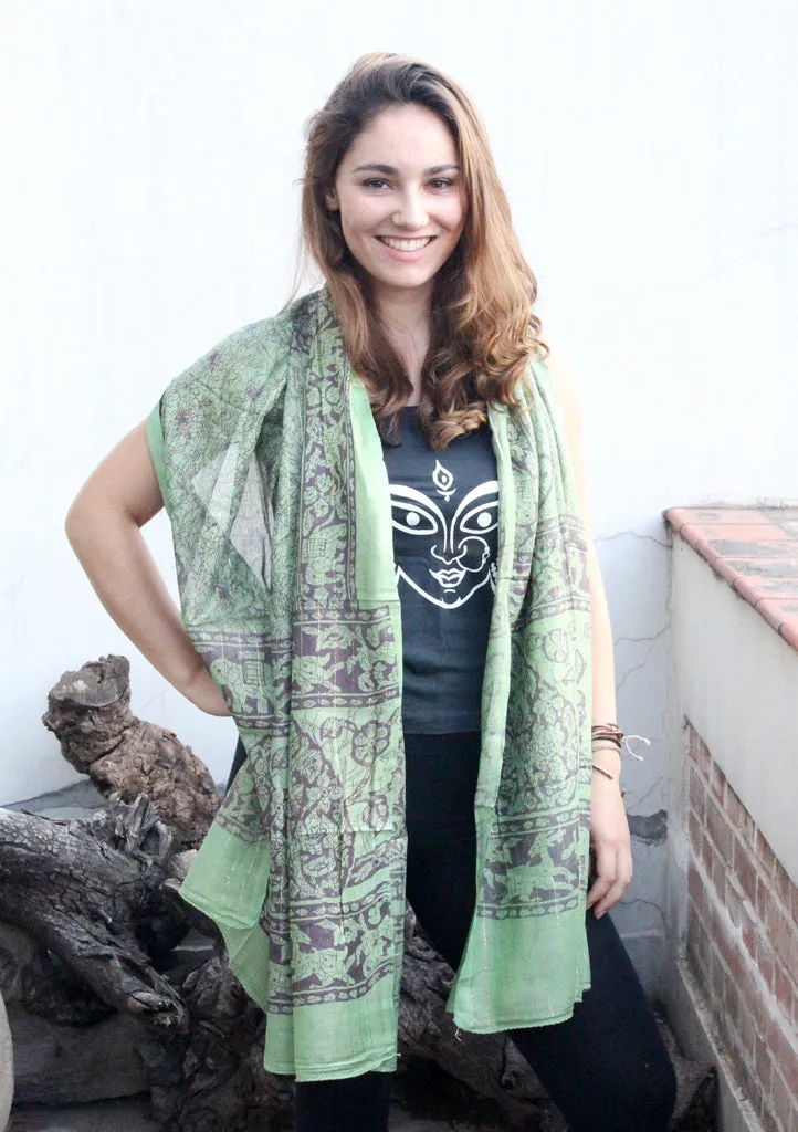 Green Cotton Summer Scarf with Floral Print From Nepal