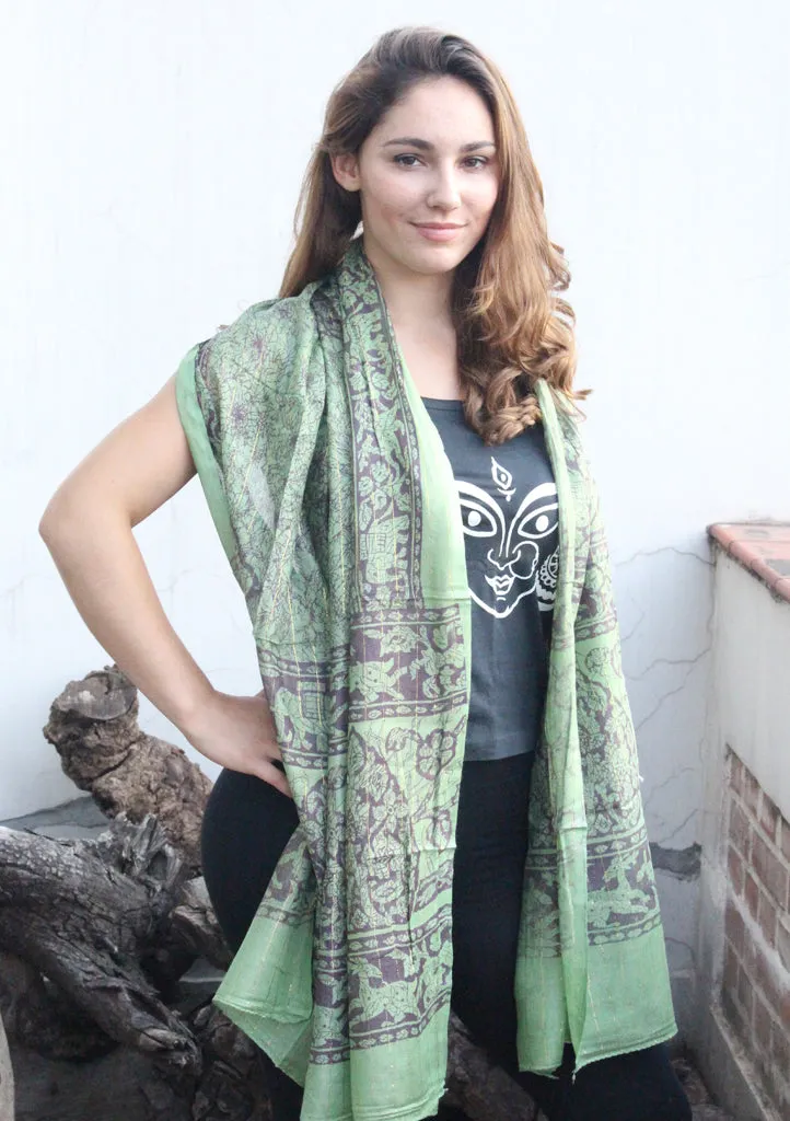 Green Cotton Summer Scarf with Floral Print From Nepal