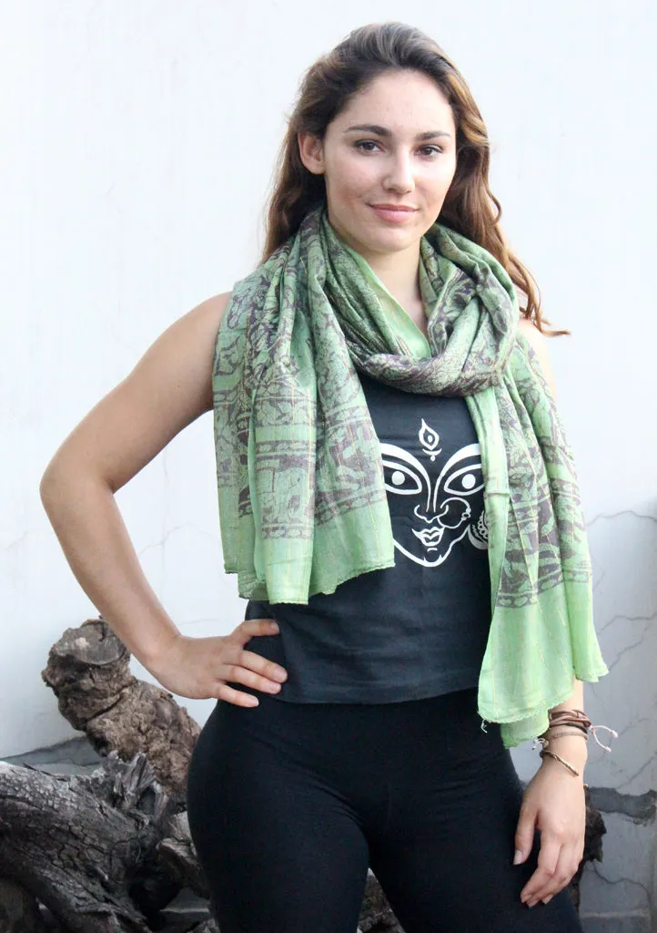 Green Cotton Summer Scarf with Floral Print From Nepal