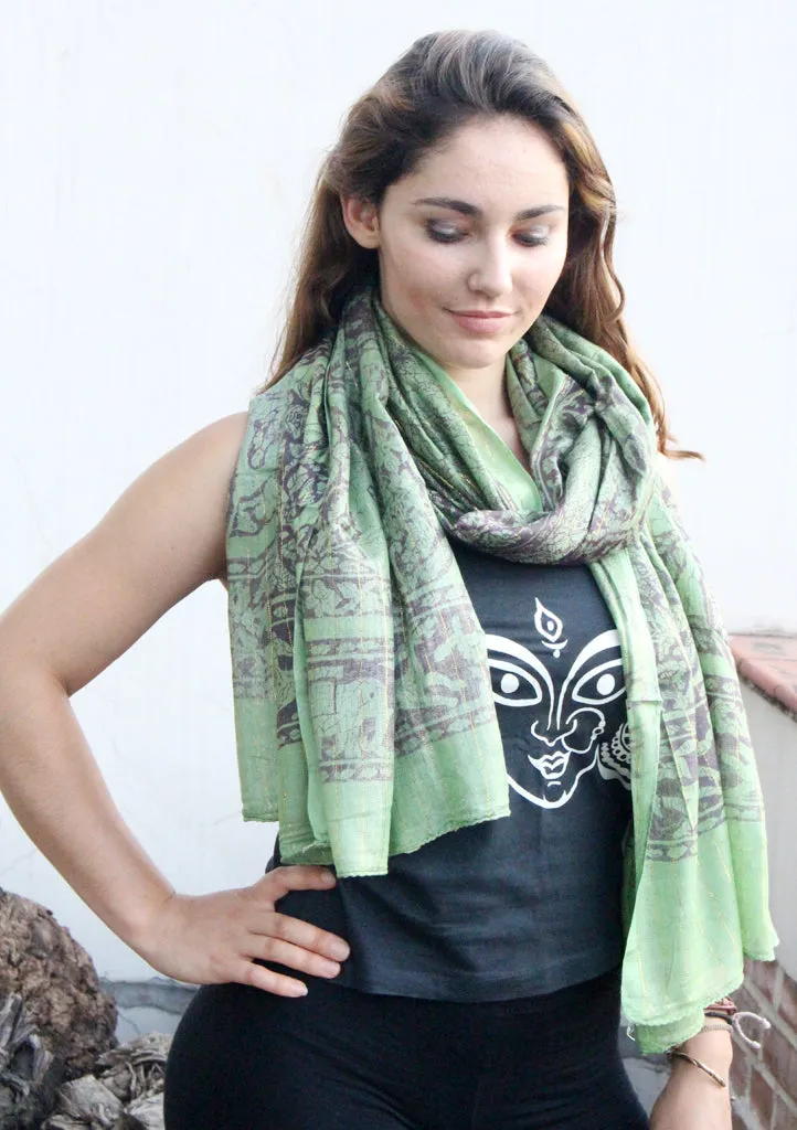 Green Cotton Summer Scarf with Floral Print From Nepal