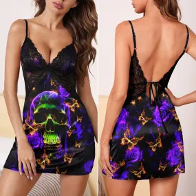 Green Purple Skull Butterfly Women's Back Lace Babydolls Nightgowns