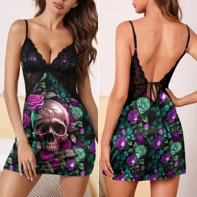 Green Purple Skull Rose Women's Back Lace Babydolls Nightgowns