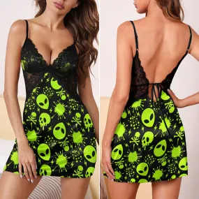 Green Skull Alien Women's Back Lace Babydolls Nightgowns