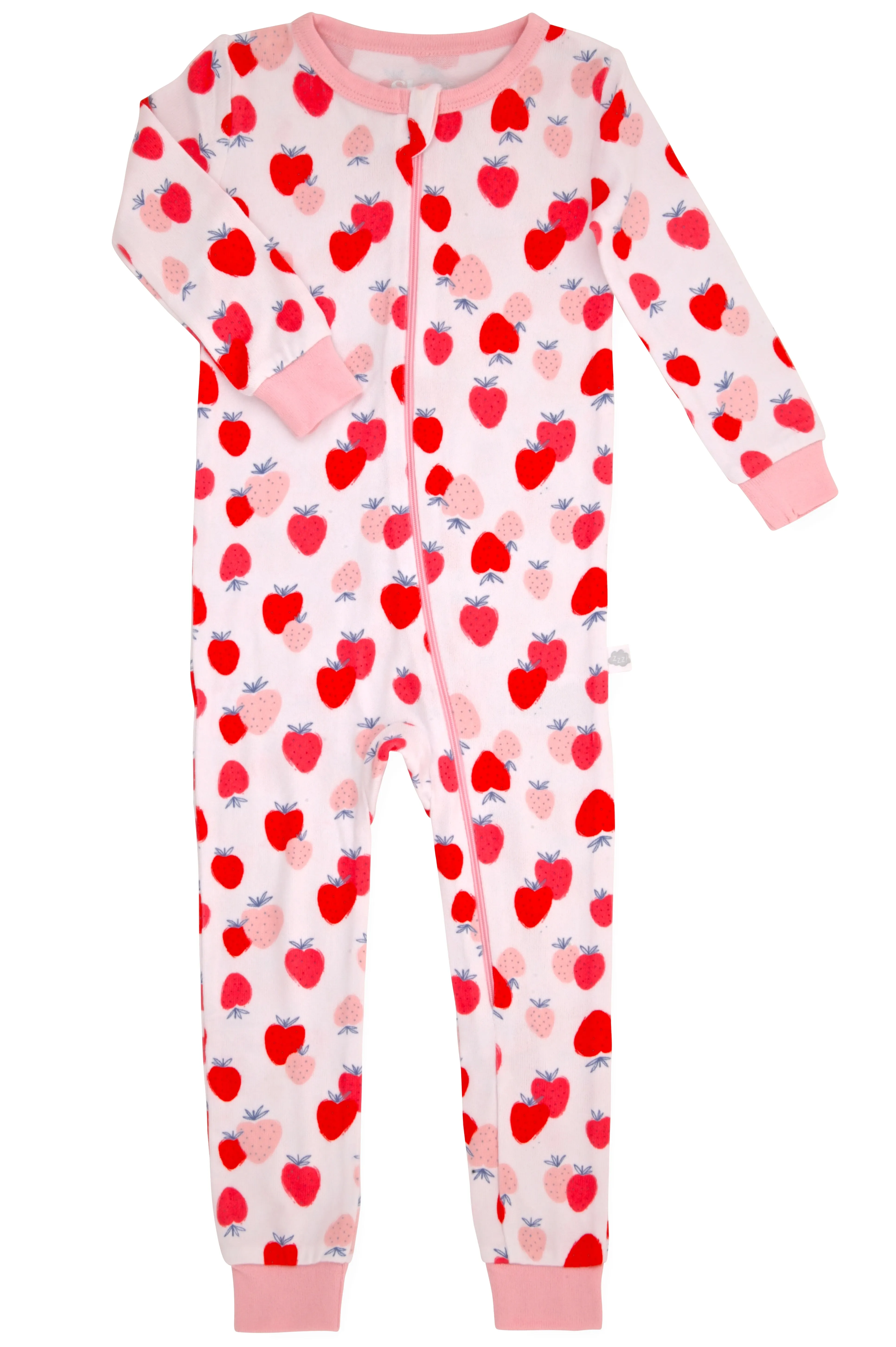 Infant Girls Long Sleeve Super Soft Snuggle Jersey Zip-Up Coverall Pajama with Blankey Buddy- Strawberries.