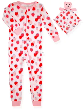 Infant Girls Long Sleeve Super Soft Snuggle Jersey Zip-Up Coverall Pajama with Blankey Buddy- Strawberries.