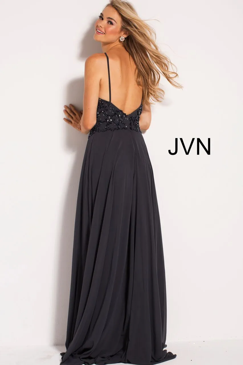 Jovani JVN50069 Size 4 charcoal formal dress evening gown beaded a line chiffon