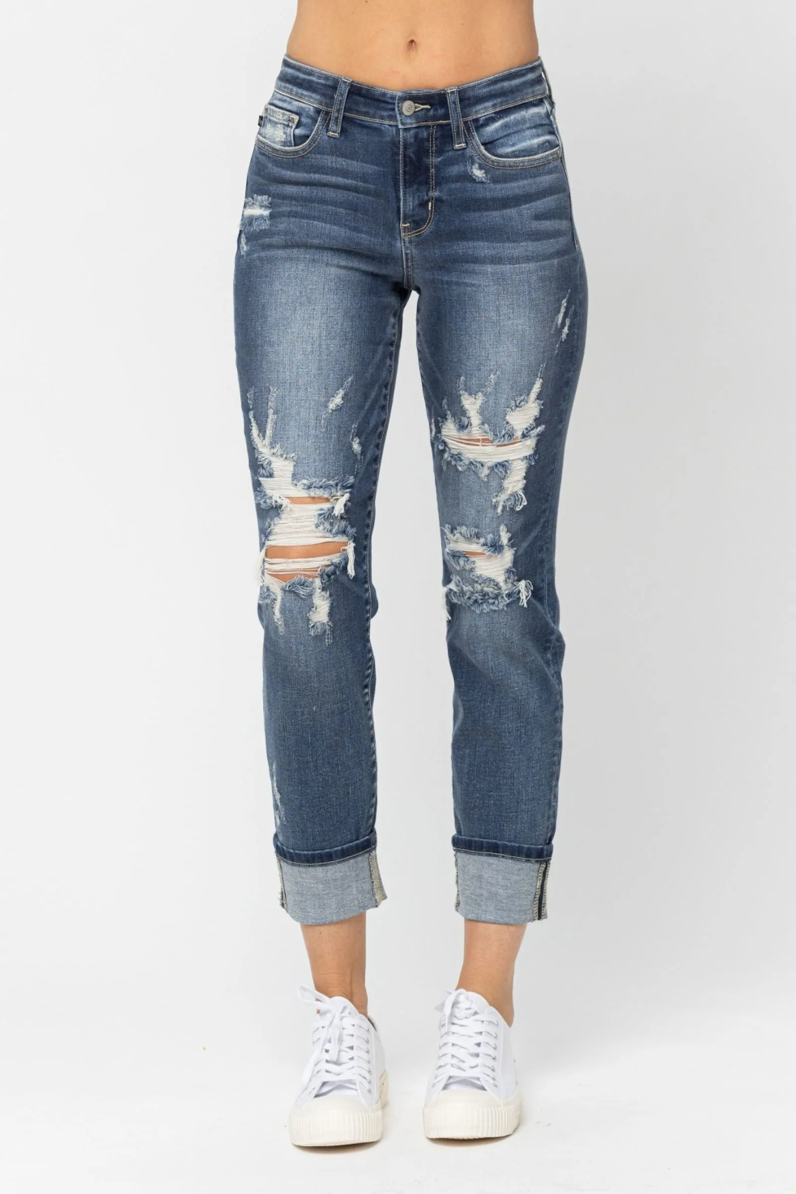 Judy Blue Mid Rise Cuffed Destroyed  Boyfriend Capris