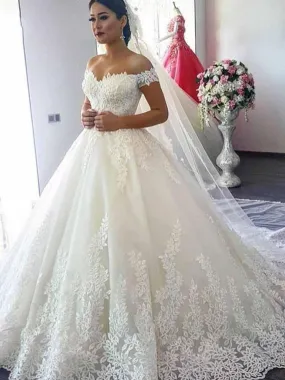 Long Ball Gown Off-the-Shoulder Tulle Lace Beads Wedding Dresses