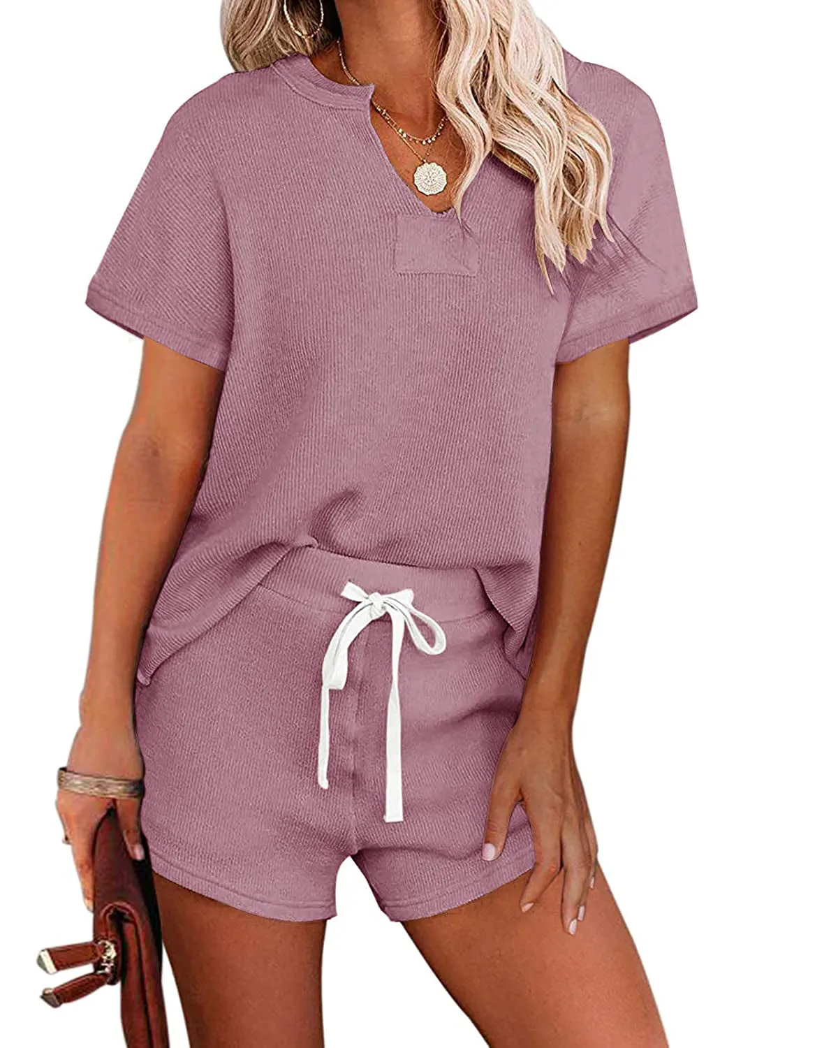 MEROKEETY Short Sleeve Knit Top and Short Pajama Set