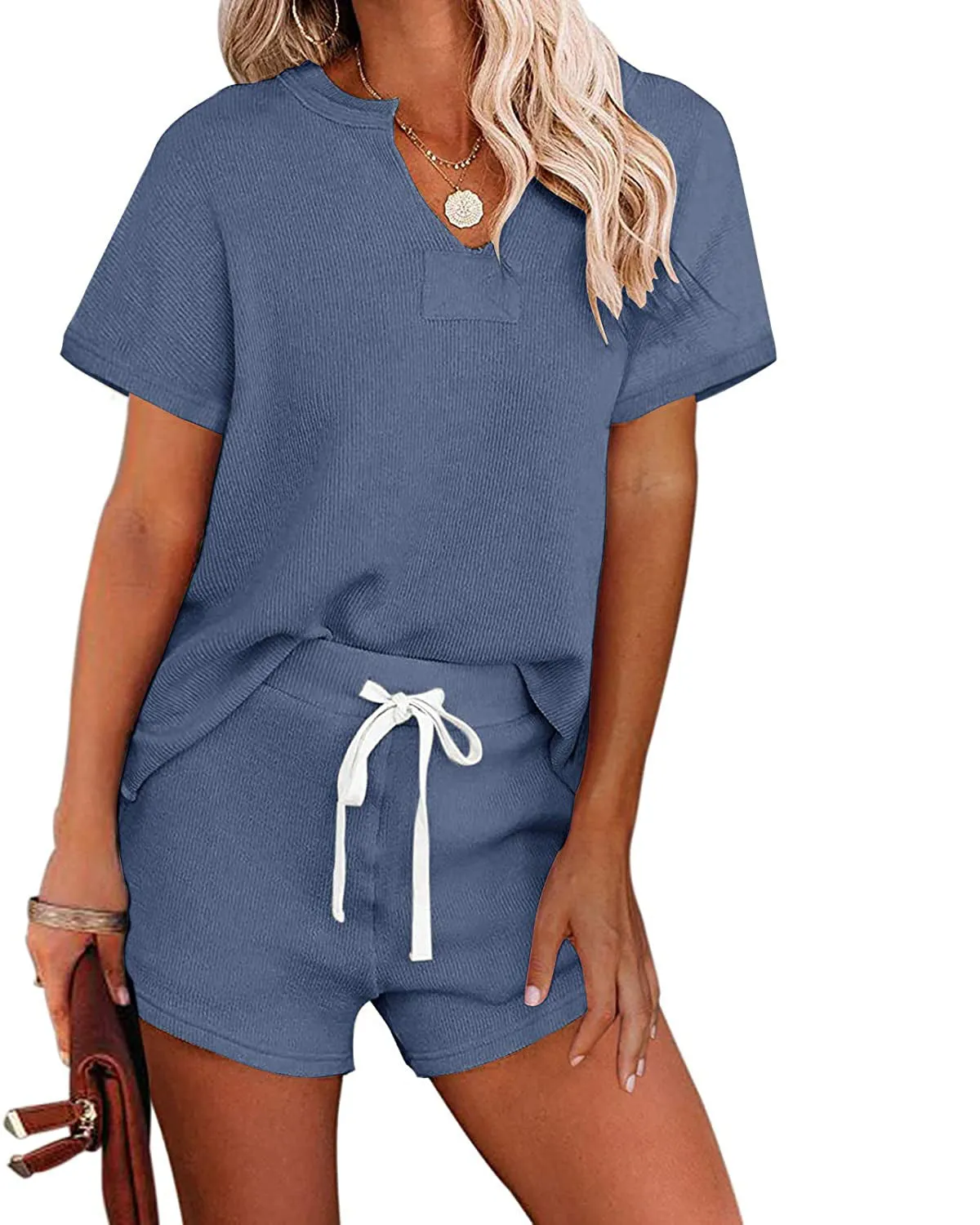 MEROKEETY Short Sleeve Knit Top and Short Pajama Set