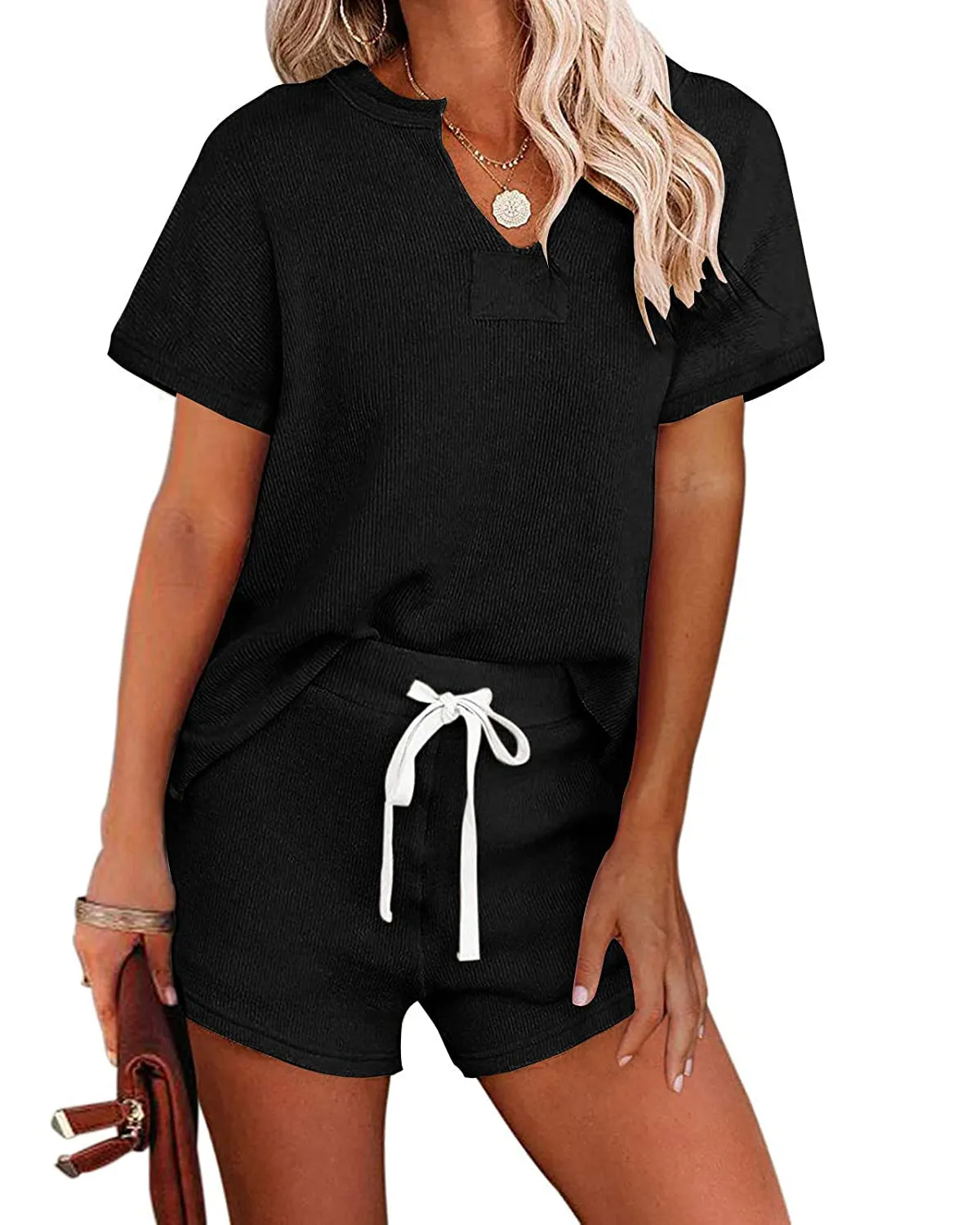 MEROKEETY Short Sleeve Knit Top and Short Pajama Set