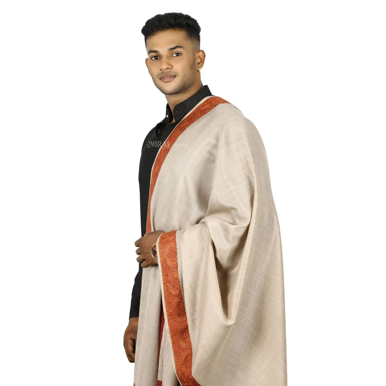 Miras Carfts Sozni double Doridar Mens shawl Natural light Beige