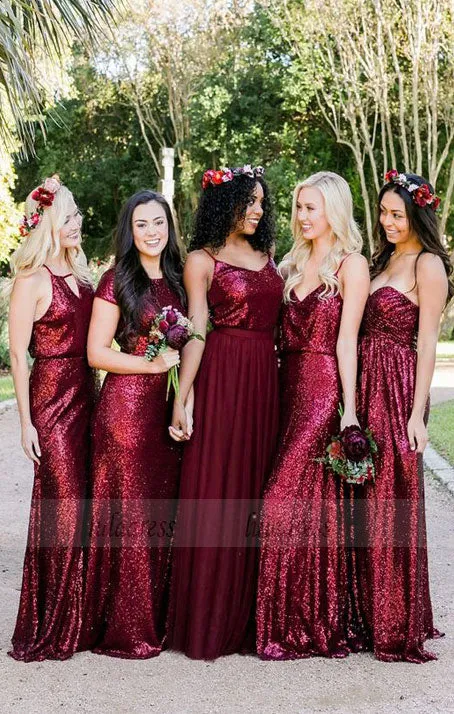 Mismatched Burgundy Bridesmaid Dresses, Sequin Bridesmaid Dresses, Long Bridesmaid Dresses Sequined