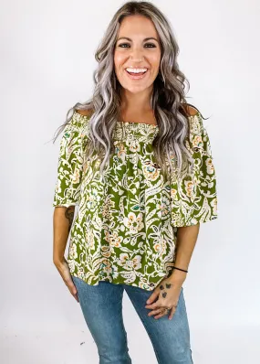 Olive Flutter Sleeve Smocked Trim Top