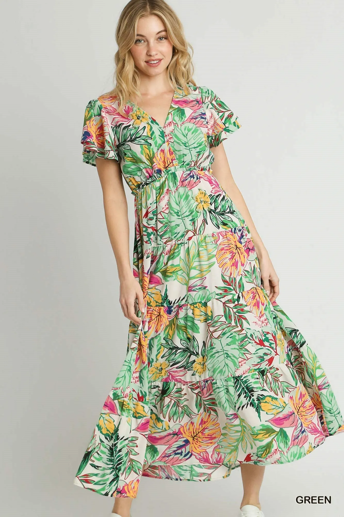 Palm Leaf Print and Floral V-Neck Dress