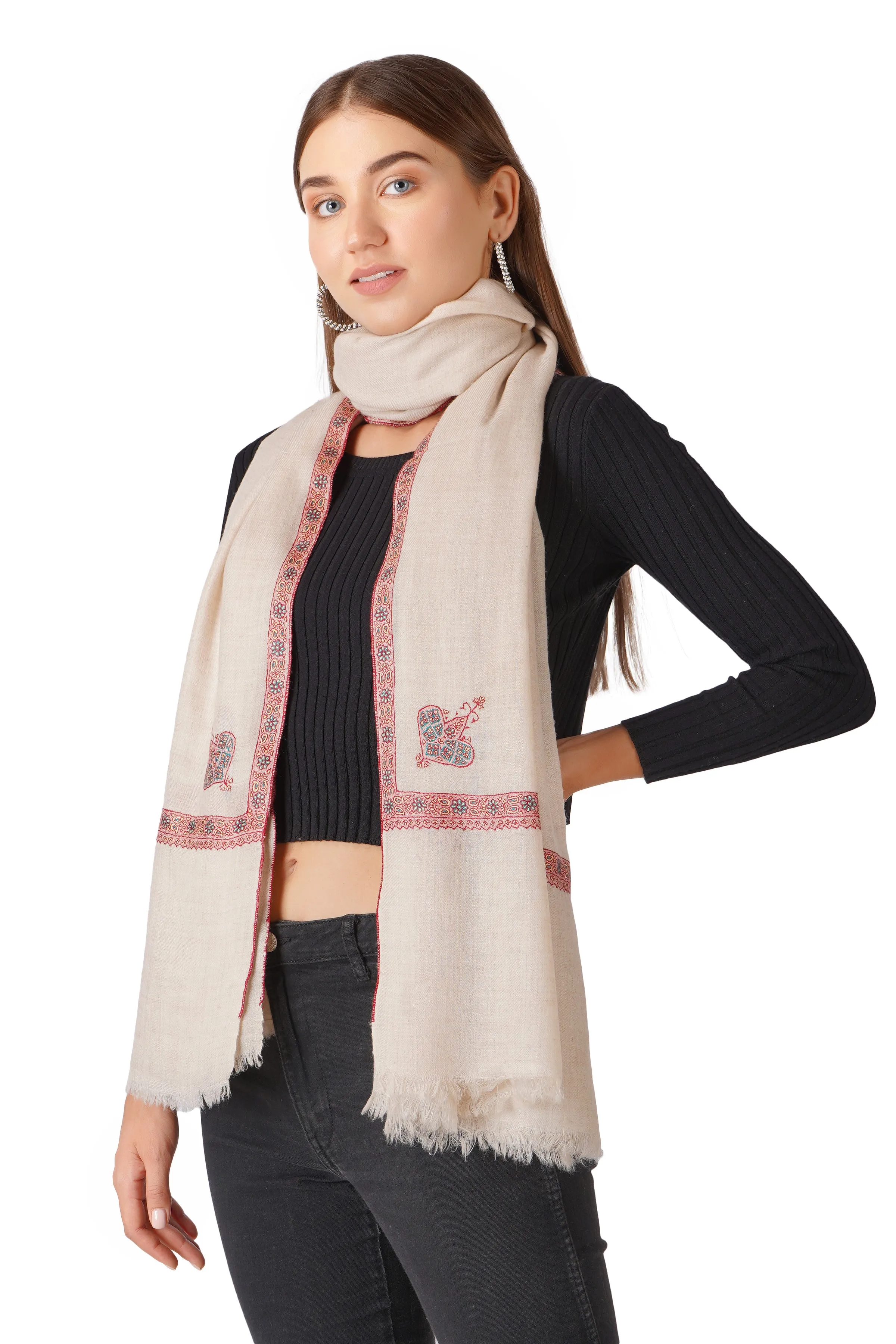 Pashmina Shawl with Elegant Hand Embroidery in Red Hues - Light Toosh