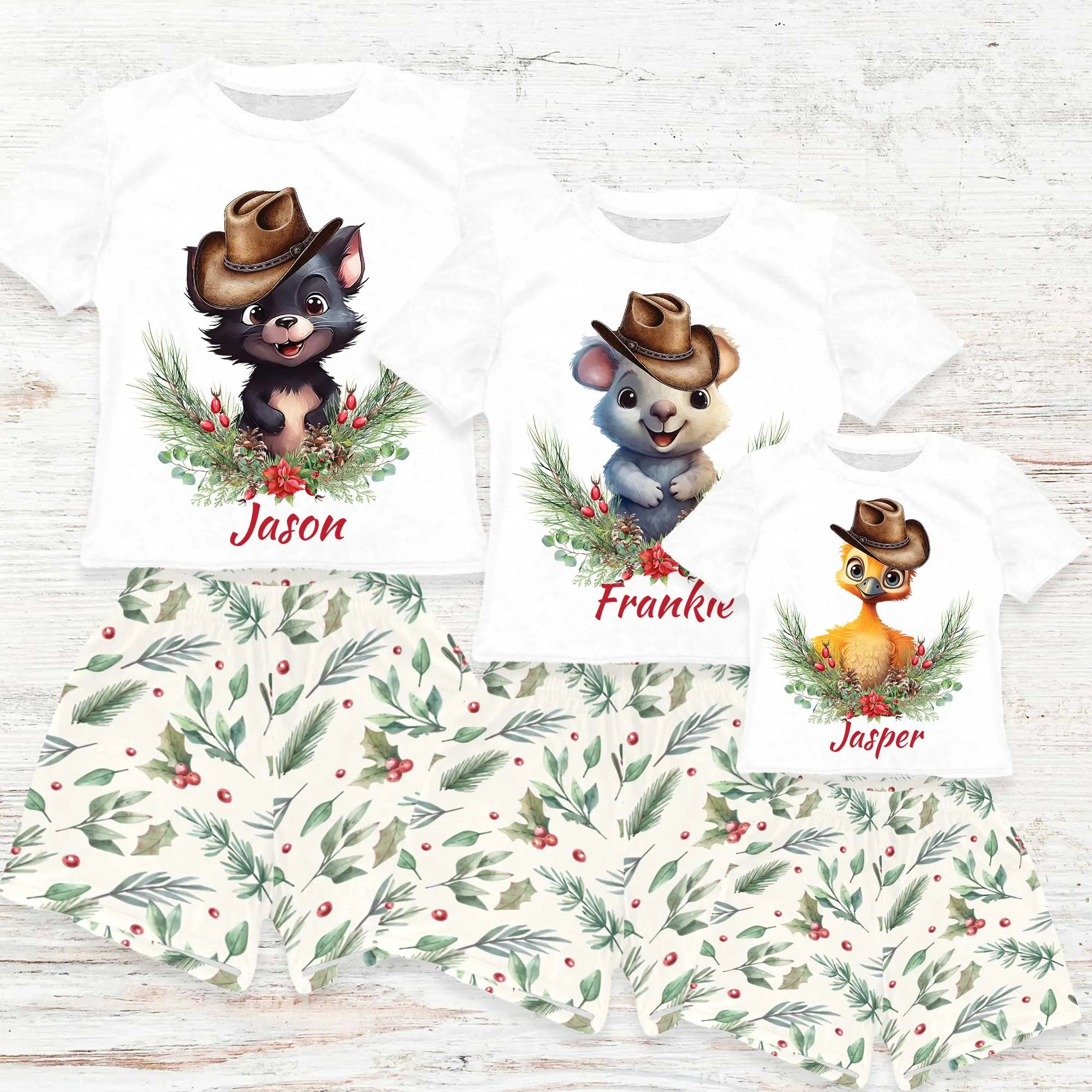 Personalised Australian Animals Country Christmas Matching Birthday Shirt and Short Sets