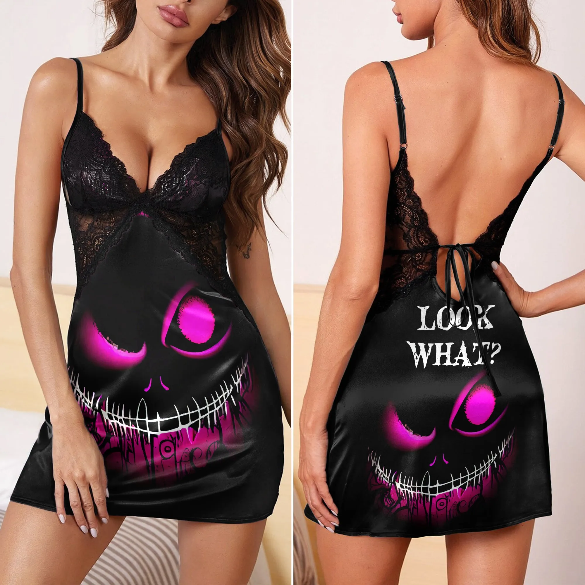 Pink Scary Face Women's Back Lace Babydolls Nightgowns