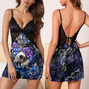 Purple Blue Skull Floral Women's Back Lace Babydolls Nightgowns