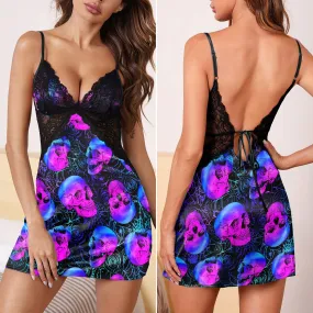 Purple Skull Rose Spider Women's Back Lace Babydolls Nightgowns