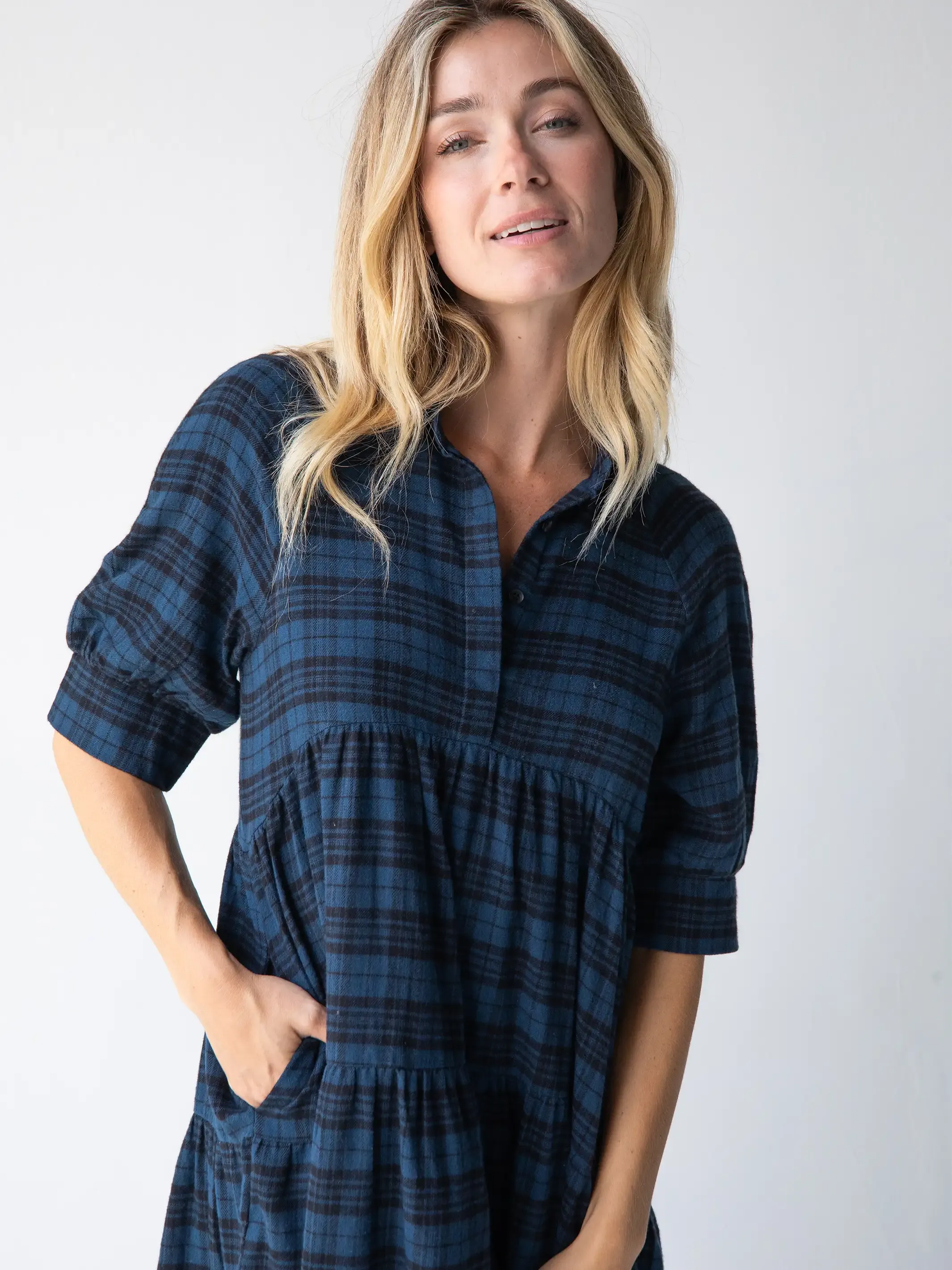 Rebecca Flannel Midi Dress - Blue Black Plaid