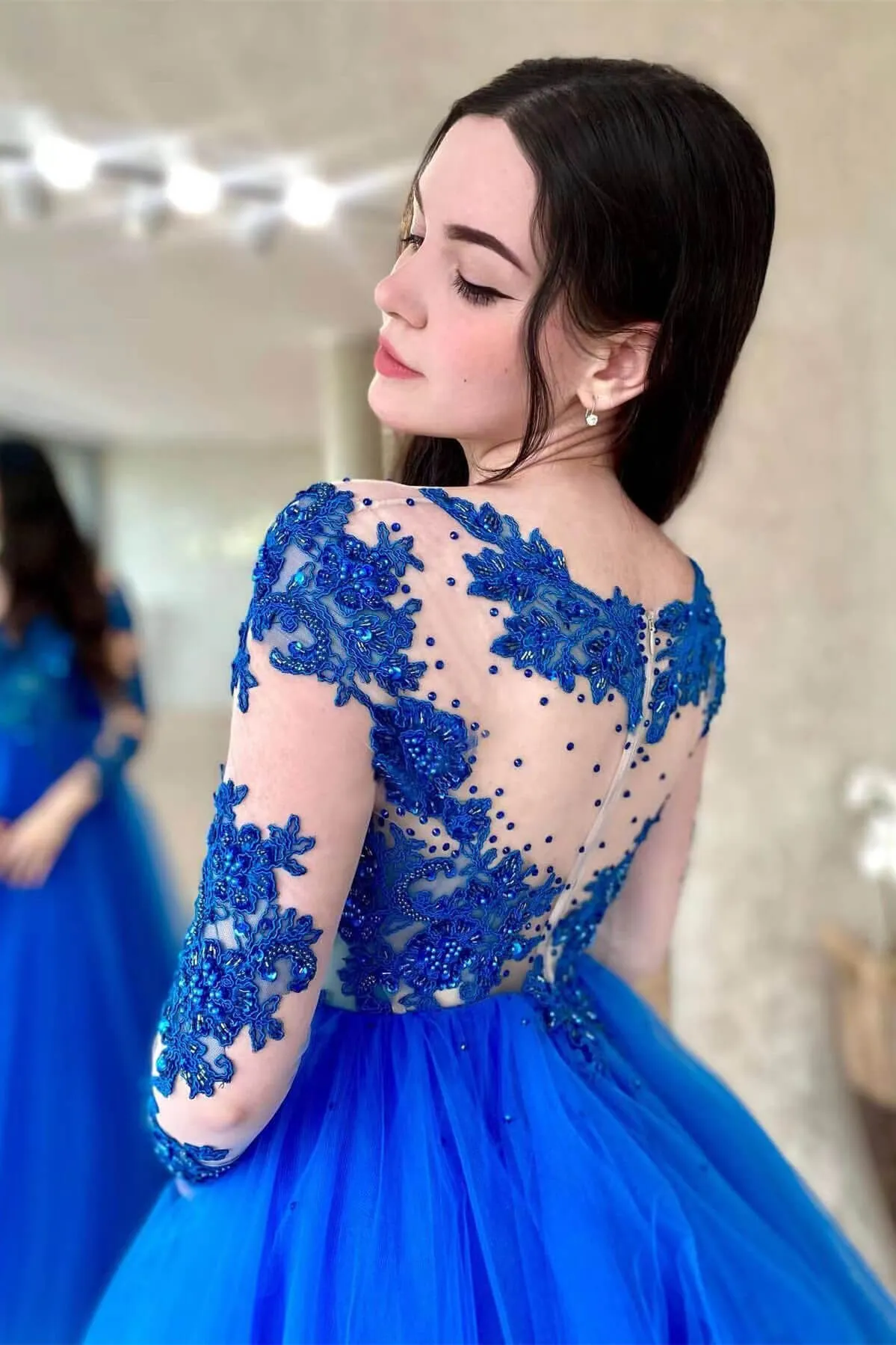 Royal Blue Long A-line Sweetheart Tulle Prom Dress with Sleeves