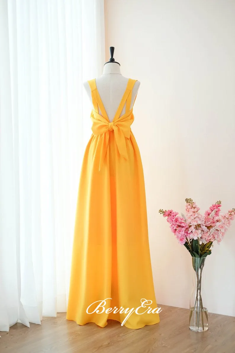 Sleeveless Bright Yellow Long Bridesmaid Dresses