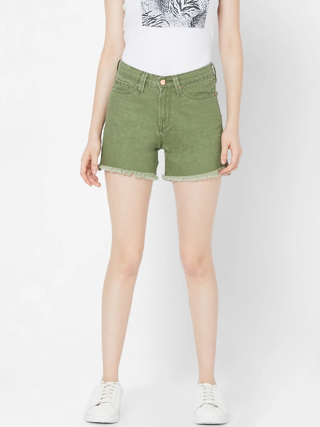 Spykar Women Olive Solid Relaxed Mid-Rise Shorts (Relaxed)