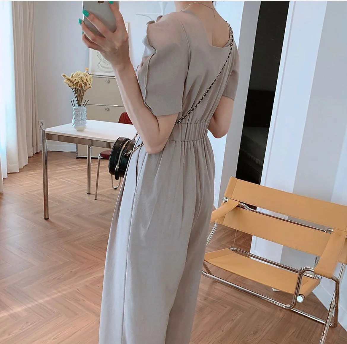 Square Neck Puffed Short Sleeve Wide Leg Jumpsuit