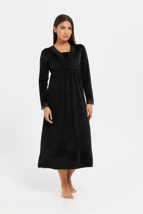 Women Black Velvet Solid Nightgown