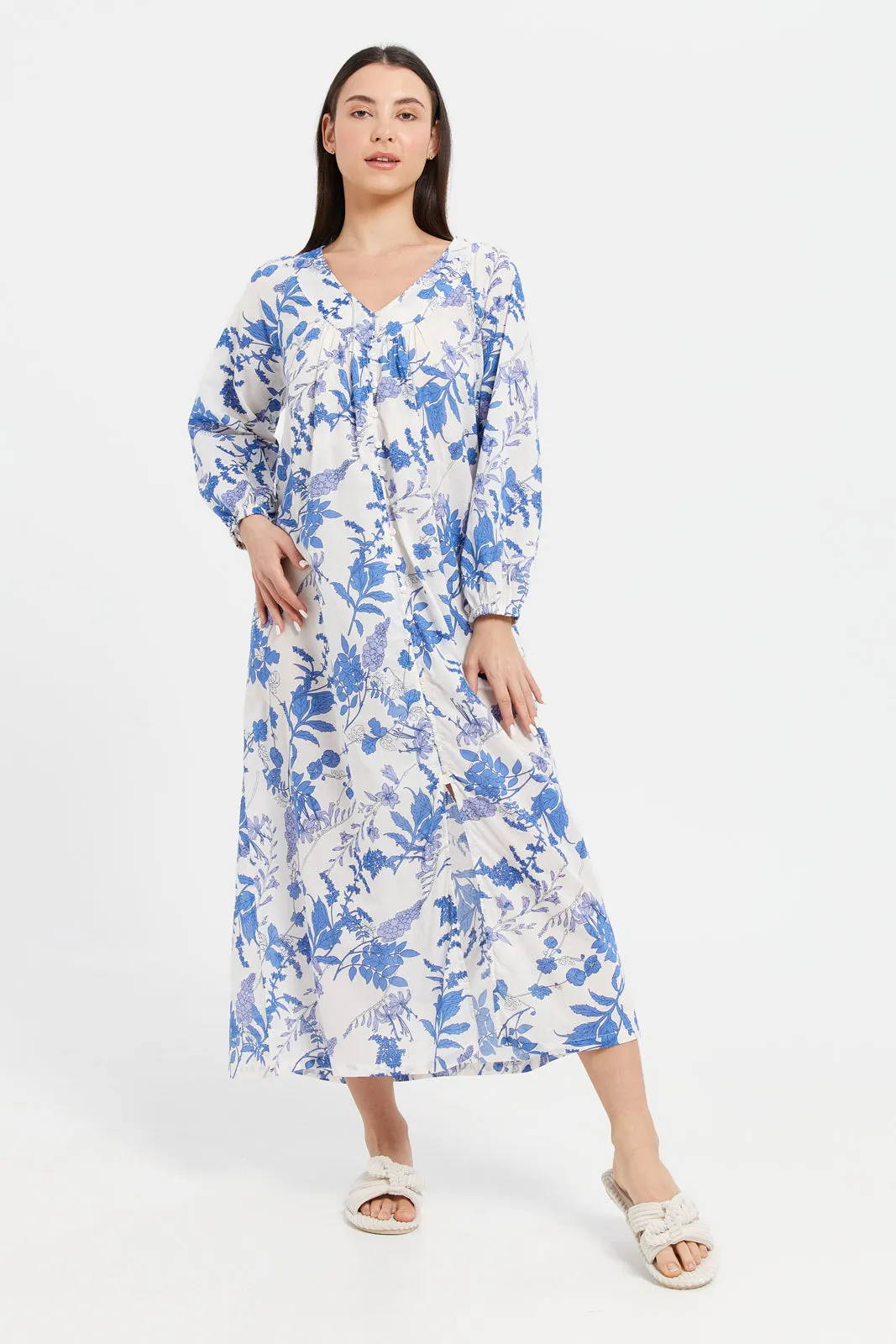 Women Blue Printed Front Button Nightgown