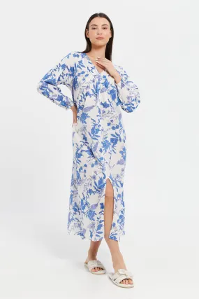 Women Blue Printed Front Button Nightgown