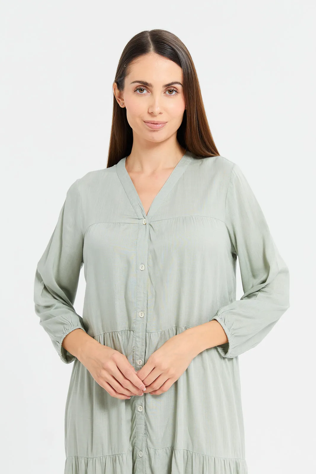 Women Mint Solid Tier Nightgown