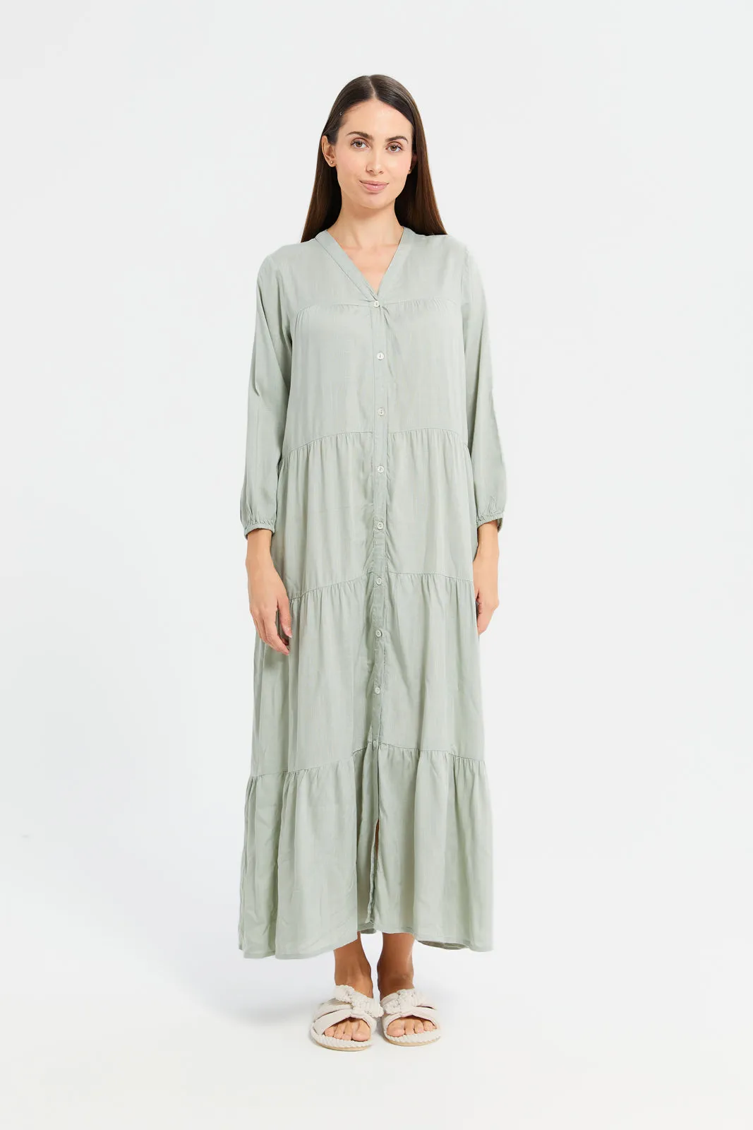 Women Mint Solid Tier Nightgown