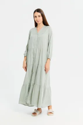 Women Mint Solid Tier Nightgown