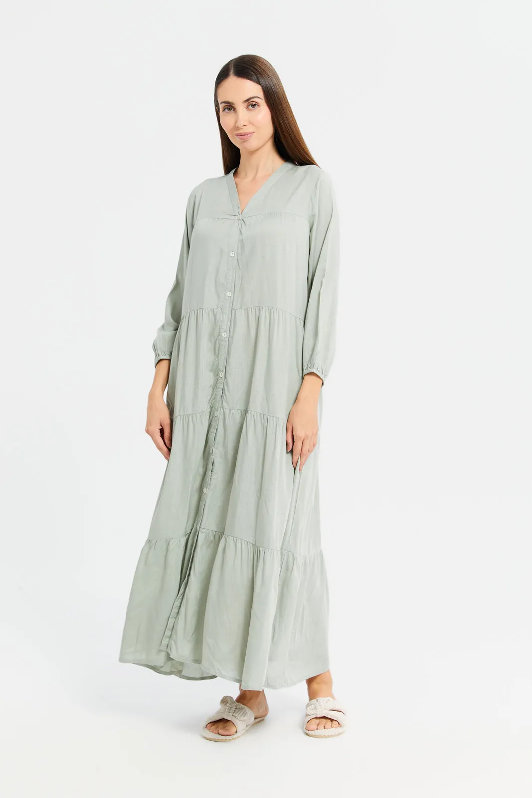 Women Mint Solid Tier Nightgown